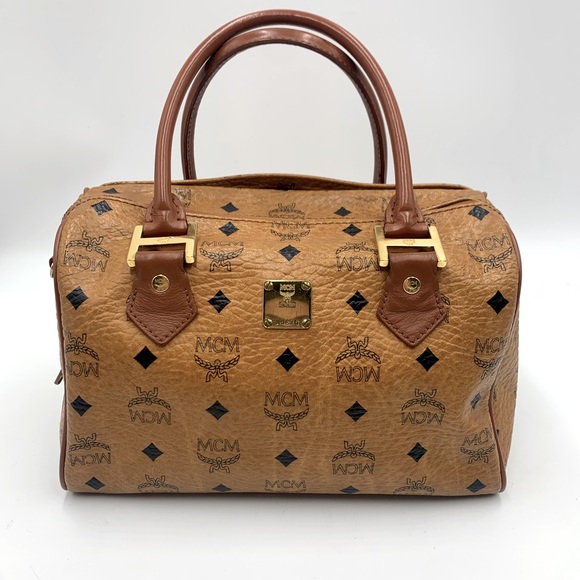 Auth MCM Visetos Cognac Brown Coated Canvas Leather Boston Tote